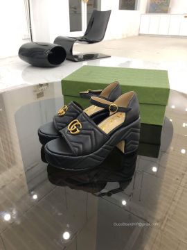 Gucci Womens Matelasse Platform Sandal with Double G in Black 95MM 2281215