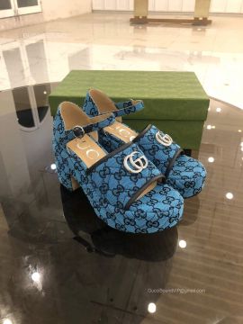 Gucci Womens GG Multicolor Platform Sandal with Double G in Blue 95MM 2281222