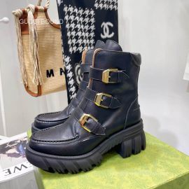 Gucci Womens Lace Up Ankle Boot with Gucci Logo Buckles in Black Leather 2281256