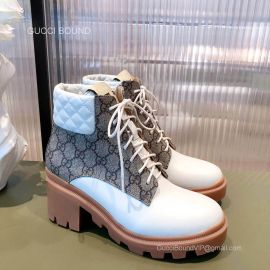 Gucci Womens Lace Up Quilted Leather Ankle Boot in Beige and Ebony GG Supreme Canvas and White Leather 2281303