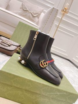 Gucci Double G Web Zipper Leather Ankle Boot in Black 2281306