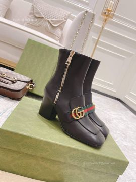 Gucci Double G Web Zipper Leather Ankle Boot in Black 75MM 2281307