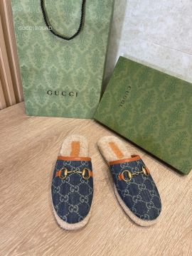 Gucci Horsebit GG Denim Blue Slipper Mules with Shearling Fur 2281309