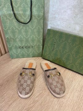 Gucci Horsebit GG Canvas Beige Slipper Mules with Shearling Fur 2281310