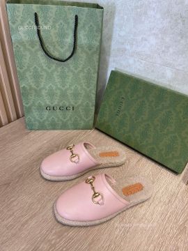 Gucci Horsebit Pink Calfskin Leather Slipper Mules with Shearling Fur 2281312