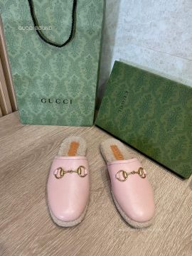 Gucci Horsebit Pink Calfskin Leather Slipper Mules with Shearling Fur 2281312