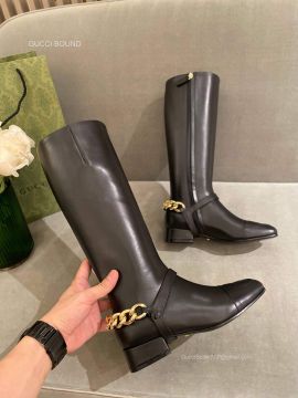 Gucci Leather Interlocking G Knee High Boot with Chain in Black 2281321