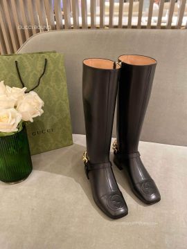 Gucci Leather Interlocking G Knee High Boot with Chain in Black 2281321