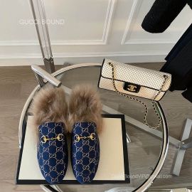 Gucci Vintage Horsebit Denim Blue Slipper Mules with Shearling Fur 2281322