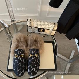 Gucci Vintage Horsebit Denim Black Slipper Mules with Shearling Fur 2281323