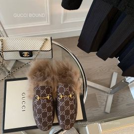 Gucci Vintage Horsebit Denim Brown Slipper Mules with Shearling Fur 2281324