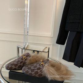 Gucci Vintage Horsebit Denim Brown Slipper Mules with Shearling Fur 2281324