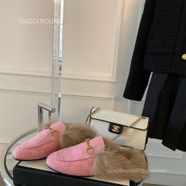 Gucci Vintage Horsebit Denim Pink Slipper Mules with Shearling Fur 2281325