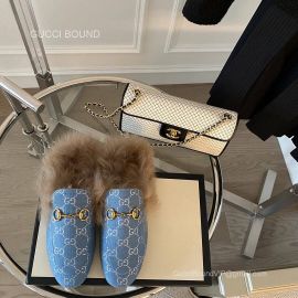 Gucci Vintage Horsebit Denim Blue Slipper Mules with Shearling Fur 2281326