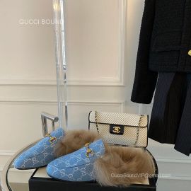 Gucci Vintage Horsebit Denim Blue Slipper Mules with Shearling Fur 2281326