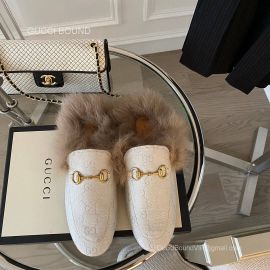 Gucci Vintage Horsebit Denim White Slipper Mules with Shearling Fur 2281327