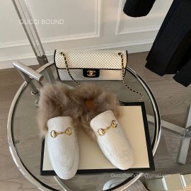 Gucci Vintage Horsebit Denim White Slipper Mules with Shearling Fur 2281327