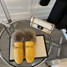 Gucci Vintage Horsebit Denim Yellow Slipper Mules with Shearling Fur 2281328