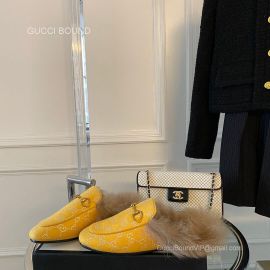 Gucci Vintage Horsebit Denim Yellow Slipper Mules with Shearling Fur 2281328