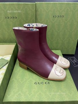Gucci Womens Calfskin Leather Ankle Boot with Interlocking G in Burgundy 2281338