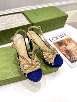Gucci Velvet Crystal Zephyra Slingback Platform Hight Heel Sandals in Blue Gold 105MM 2281355
