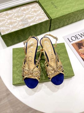 Gucci Velvet Crystal Zephyra Slingback Platform Hight Heel Sandals in Blue Gold 105MM 2281355