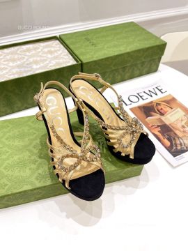 Gucci Velvet Crystal Zephyra Slingback Platform Hight Heel Sandals in Black Gold 105MM 2281356