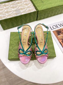 Gucci Metallic Leather Crossed Bow Slingback Platform Hight Heel Sandals in Pink Green 105MM 2281357