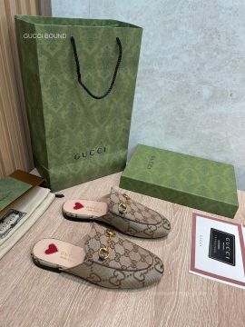 Gucci Horsebit Jumbo GG Canvas Mules with Red Heart in Beige 2281375
