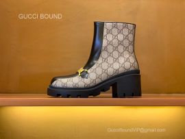 Gucci Womens Interlocking G Horsebit Ankle Boot in Beige and Ebony GG Supreme Canvas and Black Leather 2281380