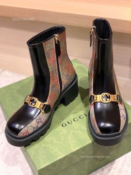 Gucci Womens Interlocking G Horsebit Ankle Boot in Multicolor and Ebony GG Supreme Canvas and Black Leather 2281382