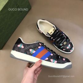 Gucci Screener GG Blue Red Web Lace Up Sneaker with Bees Printed in Black Unisex 2281391