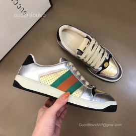 Gucci Screener Lace Up Sneaker with Green Red Web in Yellow Silver Leather Unisex 2281400