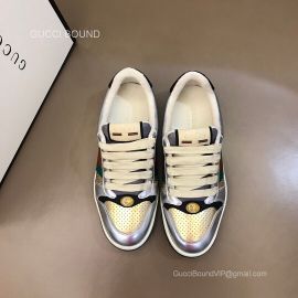 Gucci Screener Lace Up Sneaker with Green Red Web in Yellow Silver Leather Unisex 2281400
