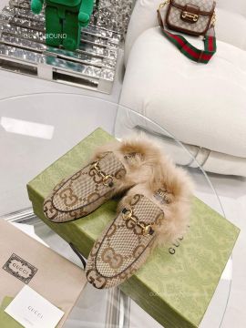 Gucci Horsebit Jumbo GG Princetown Slipper Mules with Fur in Camel and Ebony Canvas 2281403