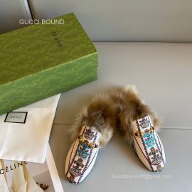 Gucci 100 Princetown Slipper Mule in Ivory Jacquard Fabric Fur 2281420