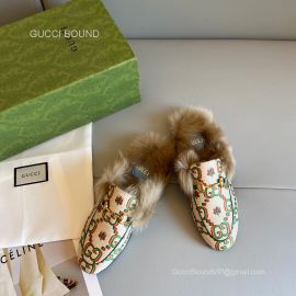 Gucci 100 Princetown Slipper Mule in Beige Jacquard Fabric Fur 2281421