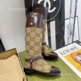 Gucci Knee High Boot with Harness in GG Supreme and Brown Leather 2281423
