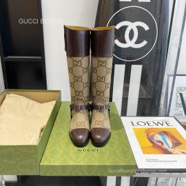 Gucci Knee High Boot with Harness in GG Supreme and Brown Leather 2281423