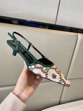 Gucci Womens 100 Slingback Pump in Beige and Green GG Flower Jacquard 45MM 2281425