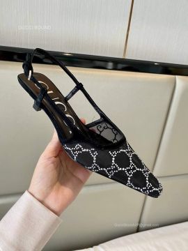 Gucci Womens GG Slingback Pump in Black Mesh with GG Crystals 45MM 2281428