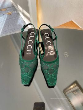Gucci Womens GG Slingback Pump in Green Mesh with GG Crystals 45MM 2281429