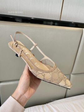 Gucci Womens GG Slingback Pump in Beige Mesh with GG Crystals 45MM 2281430