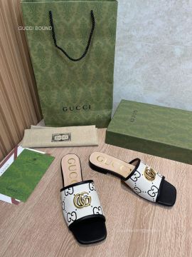 Gucci Double G Leather Slide Sandals in White 2281514