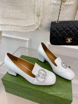 Gucci Vintage Crystals Interlocking G Leather Loafers in White 55MM 2281537