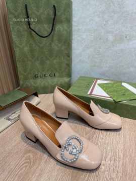 Gucci 2022 Crystals Interloking G Heeled Loafers in Beige Shiny Calf Leather 55MM 2281574