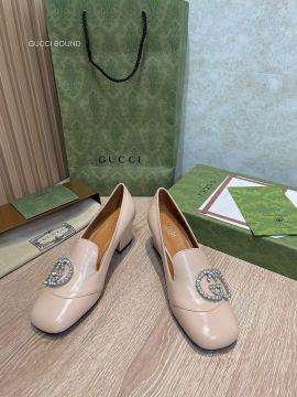 Gucci 2022 Crystals Interloking G Heeled Loafers in Beige Shiny Calf Leather 55MM 2281574