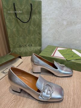 Gucci 2022 Crystals Interloking G Heeled Loafers in Silver Shiny Calf Leather 55MM 2281575