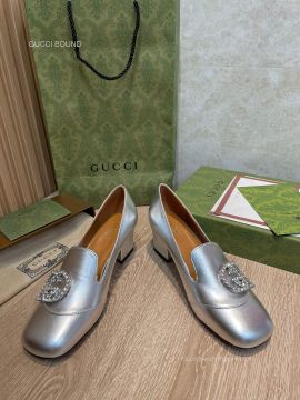 Gucci 2022 Crystals Interloking G Heeled Loafers in Silver Shiny Calf Leather 55MM 2281575