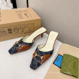 Gucci Vintage Horsebit Heeled Mules in Blue Denim GG and Brown Calf Leather 55MM 2281577